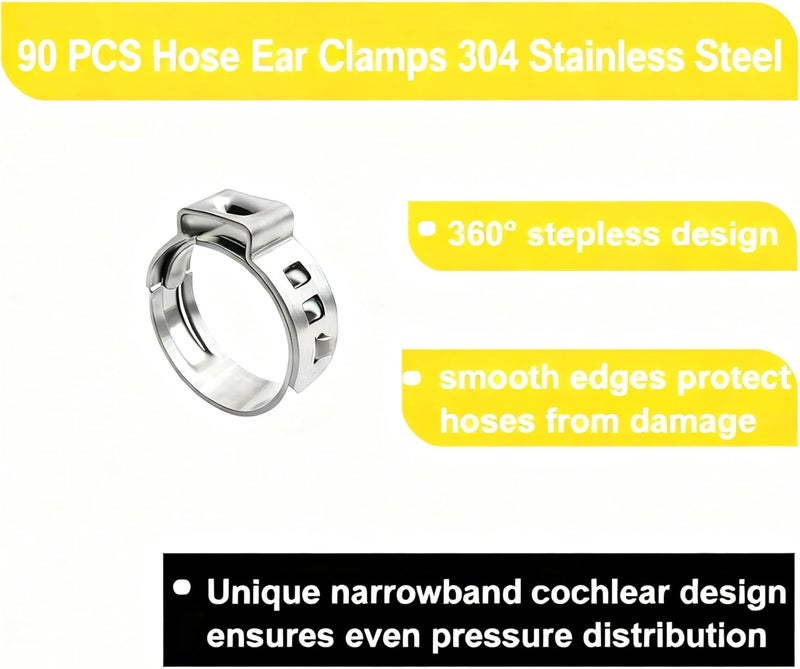 ANDILIKE 90 PCS Hose Ear Clamps 304 Stainless Steel,13.3mm Single Ear Hose Clamp Clip,Hose Fitting for Securing Pipe Hose - Image 3